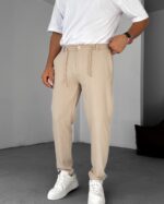 SLIM FIT BELI LASTIKLI ŞIK BEJ PANTOLON - Görsel 4