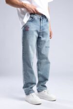 BAGGY FIT YAZI NAKIŞLI BUZ MAVI KOT PANTOLON