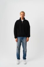 YARIM FERMUAR PELUŞ KUMAŞ SIYAH SWEATSHIRT - Görsel 2