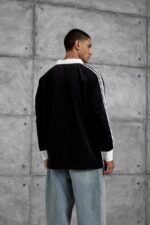 YAKALI BASKILI SIYAH UZUN KOLLU TIŞÖRT - Görsel 2