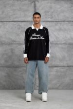 YAKALI BASKILI SIYAH UZUN KOLLU TIŞÖRT - Görsel 3