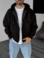 BASIC SIYAH FERMUARLI HOODIE - Görsel 2