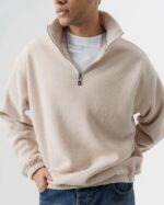 YARIM FERMUAR PELUŞ KUMAŞ KREM SWEATSHIRT