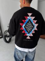 ETNIK PATCH BASKILI SIYAH SWEATSHIRT