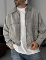 POLO YAKA YIKAMALI GRI KOT CEKET - Görsel 3