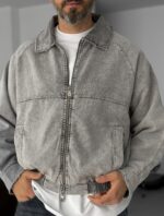 POLO YAKA YIKAMALI GRI KOT CEKET - Görsel 2